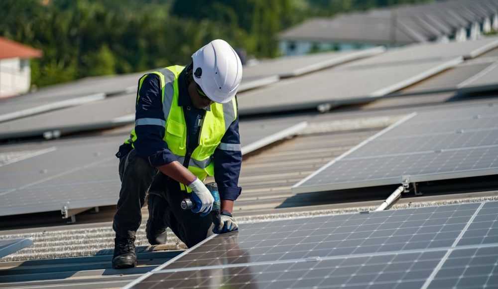 technology solar cell, engineer service check installation solar cell. technician checks the maintenance of the solar panels.